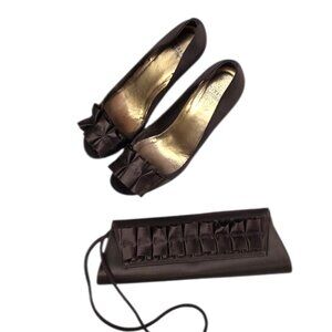 Stuart Weitzman Satin Ruffle Peep Toe Heels, Brown, Matching Clutch, Set, Sz 9.5